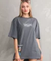 Unisex Bisiklet Yaka Baskılı Oversize T-Shirt - Gri