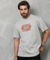 Unisex Bisiklet Yaka Baskılı Oversize T-Shirt - Gri