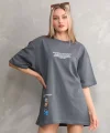 Unisex Bisiklet Yaka Baskılı Oversize T-Shirt - Gri
