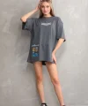 Unisex Bisiklet Yaka Baskılı Oversize T-Shirt - Gri