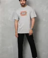Unisex Bisiklet Yaka Baskılı Oversize T-Shirt - Gri