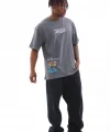 Unisex Bisiklet Yaka Baskılı Oversize T-Shirt - Gri