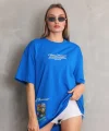 Unisex Bisiklet Yaka Baskılı Oversize T-Shirt - Mavi