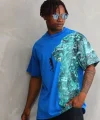 Unisex Bisiklet Yaka Baskılı Oversize T-Shirt - Mavi