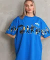 Unisex Bisiklet Yaka Baskılı Oversize T-Shirt - Mavi