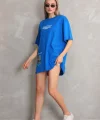 Unisex Bisiklet Yaka Baskılı Oversize T-Shirt - Mavi