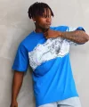 Unisex Bisiklet Yaka Baskılı Oversize T-Shirt - Mavi