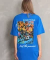 Unisex Bisiklet Yaka Baskılı Oversize T-Shirt - Mavi