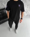 Unisex Bisiklet Yaka Baskılı Oversize T-Shirt - Siyah