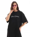 Unisex Bisiklet Yaka Baskılı Oversize T-Shirt - Siyah