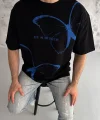Unisex Bisiklet Yaka Baskılı Oversize T-Shirt - Siyah