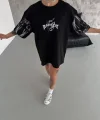 Unisex Bisiklet Yaka Baskılı Oversize T-Shirt - Siyah