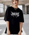 Unisex Bisiklet Yaka Baskılı Oversize T-Shirt - Siyah