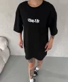 Unisex Bisiklet Yaka Baskılı Oversize T-Shirt - Siyah
