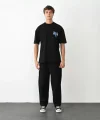 Unisex Bisiklet Yaka Baskılı Oversize T-Shirt - Siyah