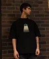 Unisex Bisiklet Yaka Baskılı Oversize T-Shirt - Siyah