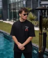 Unisex Bisiklet Yaka Baskılı Oversize T-Shirt - Siyah