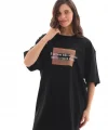 Unisex Bisiklet Yaka Baskılı Oversize T-Shirt - Siyah