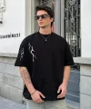 Unisex Bisiklet Yaka Baskılı Oversize T-Shirt - Siyah