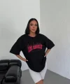Unisex Bisiklet Yaka Baskılı Oversize T-Shirt - Siyah