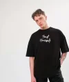Unisex Bisiklet Yaka Baskılı Oversize T-Shirt - Siyah