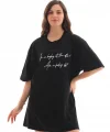 Unisex Bisiklet Yaka Baskılı Oversize T-Shirt - Siyah