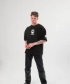 Unisex Bisiklet Yaka Baskılı Oversize T-Shirt - Siyah