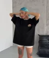 Unisex Bisiklet Yaka Baskılı Oversize T-Shirt - Siyah