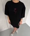 Unisex Bisiklet Yaka Baskılı Oversize T-Shirt - Siyah