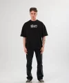 Unisex Bisiklet Yaka Baskılı Oversize T-Shirt - Siyah