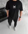 Unisex Bisiklet Yaka Baskılı Oversize T-Shirt - Siyah