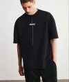 Unisex Bisiklet Yaka Baskılı Oversize T-Shirt - Siyah