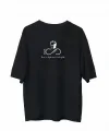 Unisex Bisiklet Yaka Baskılı Oversize T-Shirt - Siyah