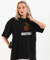 Unisex Bisiklet Yaka Baskılı Oversize T-Shirt - Siyah