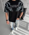 Unisex Bisiklet Yaka Baskılı Oversize T-Shirt-Siyah