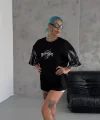 Unisex Bisiklet Yaka Baskılı Oversize T-Shirt - Siyah