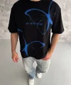 Unisex Bisiklet Yaka Baskılı Oversize T-Shirt - Siyah