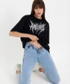 Unisex Bisiklet Yaka Baskılı Oversize T-Shirt - Siyah