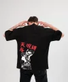 Unisex Bisiklet Yaka Baskılı Oversize T-Shirt - Siyah