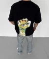 Unisex Bisiklet Yaka Baskılı Oversize T-Shirt - Siyah