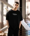 Unisex Bisiklet Yaka Baskılı Oversize T-Shirt - Siyah