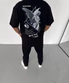 Unisex Bisiklet Yaka Baskılı Oversize T-Shirt - Siyah
