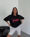 Unisex Bisiklet Yaka Baskılı Oversize T-Shirt - Siyah