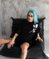 Unisex Bisiklet Yaka Baskılı Oversize T-Shirt - Siyah