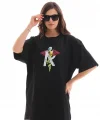 Unisex Bisiklet Yaka Baskılı Oversize T-Shirt - Siyah