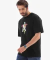 Unisex Bisiklet Yaka Baskılı Oversize T-Shirt - Siyah