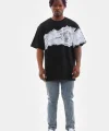 Unisex Bisiklet Yaka Baskılı Oversize T-Shirt - Siyah