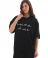 Unisex Bisiklet Yaka Baskılı Oversize T-Shirt - Siyah