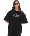 Unisex Bisiklet Yaka Baskılı Oversize T-Shirt - Siyah