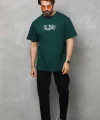 Unisex Bisiklet Yaka Baskılı Oversize T-Shirt - Yeşil